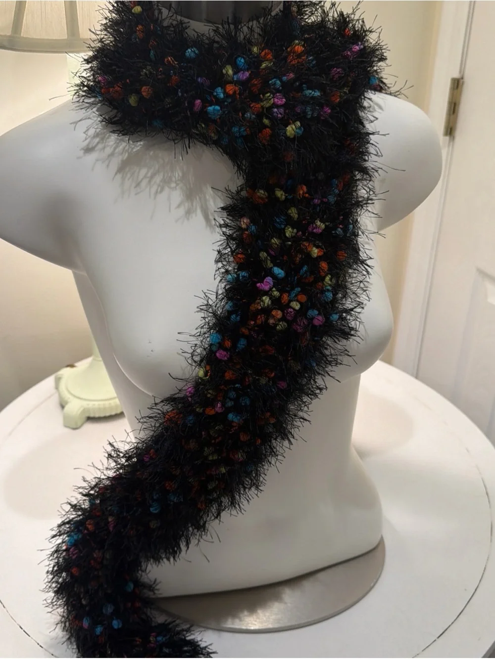 Fuzzy Black Eyelash Scarf with Multicolor Pom Accents - Women's Accessory Y2K